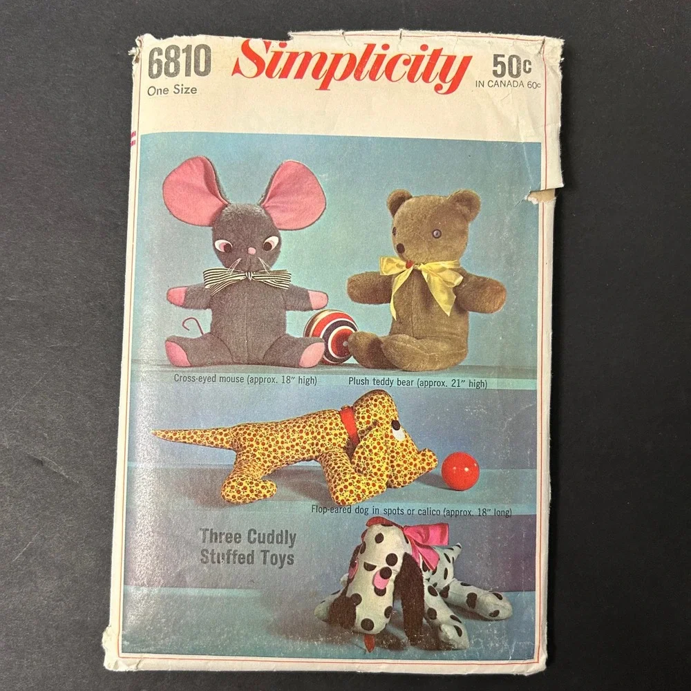 Vintage 60's Simplicity Stuffed Toy Sewing Pattern OS Dog Mouse Bear